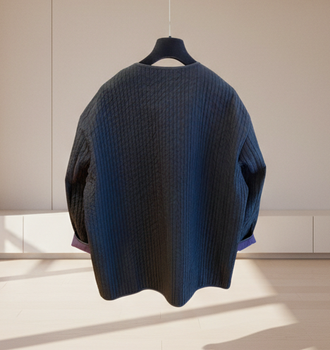 black textured jacket with purple inner