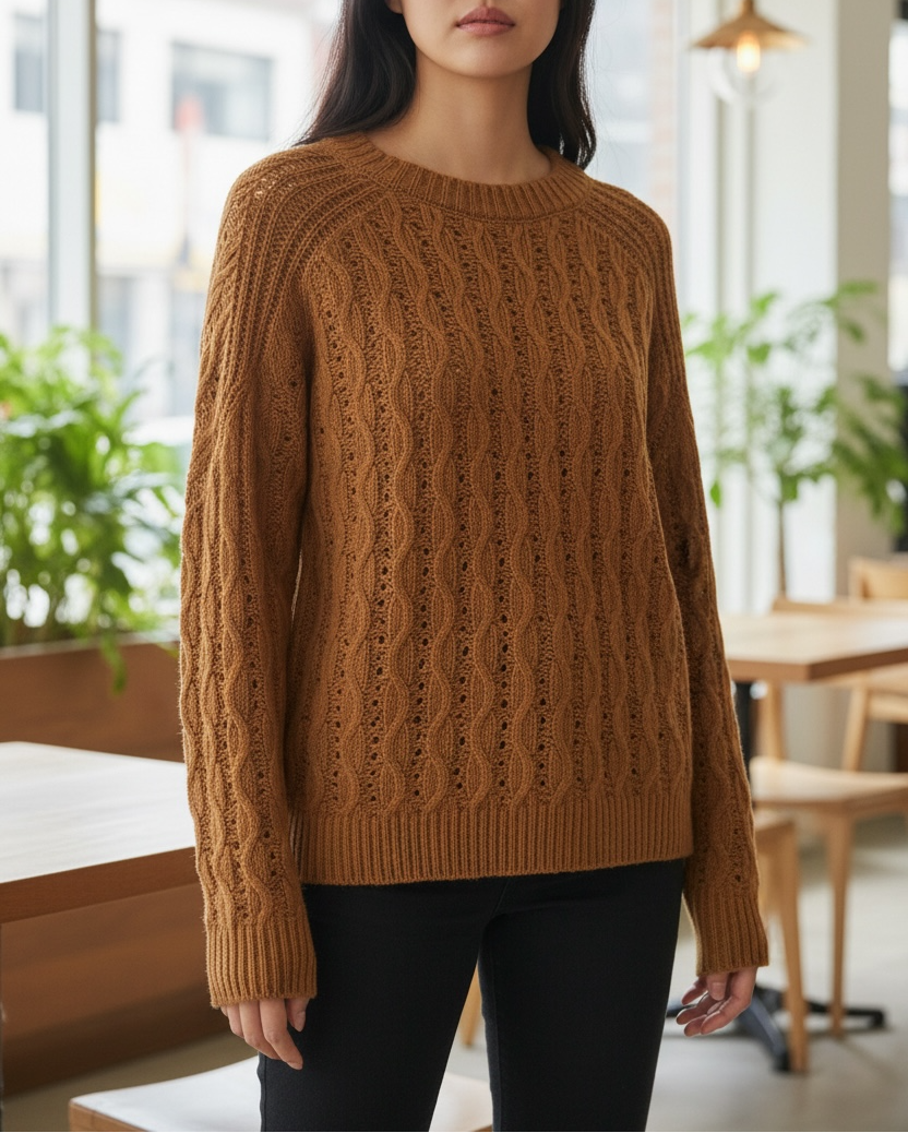 Woman wearing a brown cable knit sweater in a bright room with large windows.