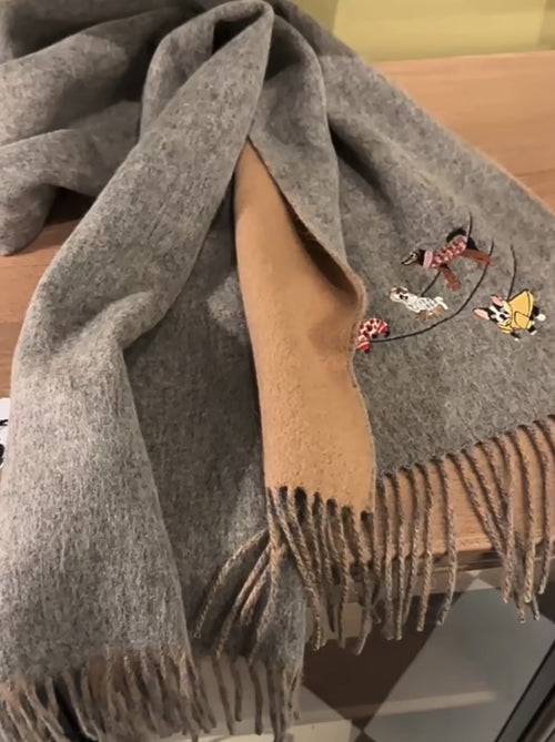 Gray wool scarf with embroidered dog designs