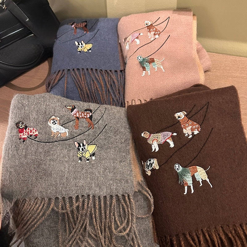 Wool scarfs with embroidered dog designs